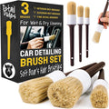Soft Boar Hair Car Detailing Brush Set - 3-Pack, Brown - Car Detailing Kit for Versatile Uses - Soft Bristles Cleaning Brush - Water-Resistant Handles