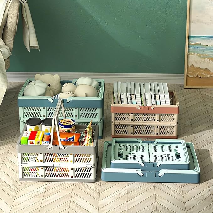 Collapsible Crate Milk Crates for Storage Plastic shopping basket 20L for Kitchen Bathroom (White)