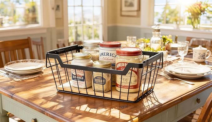 Metal Wire Basket with Handles Storage Organizer Stackable Organizing bin for Cabinet Shelf Countertop Under Sink Pantry for Kitchen,Bathroom,Laundry Closet, 1 Pack