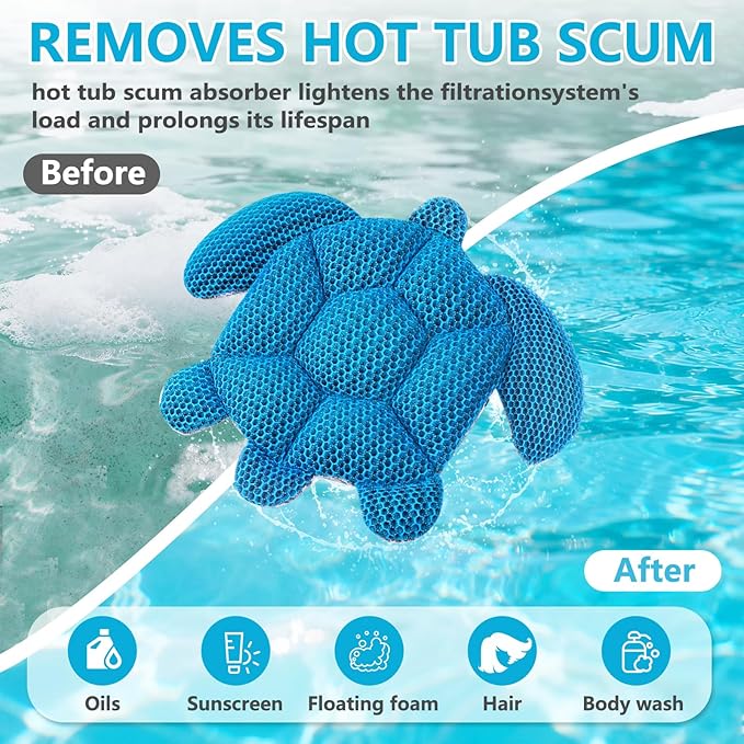 Hot Tub Scum Absorber Turtle, 2PCS Reusable Hot Tub Oil Absorbing Floating Sponges for Spa/Pool, Hot Tub Scum Sponge Accessories to Soak Up Oils & Keep Water Clean