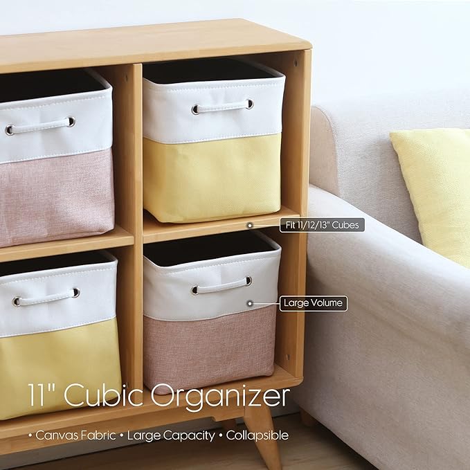 Sea Team 3-Pack Cubic Storage Basket Set, Storage Cube Organizer, Clothes Toys Bin, 11 x 11 x 11 Inches, Big Square Canvas Fabric Collapsible Shelf Box with Handles for Kids Room (Yellow/White)