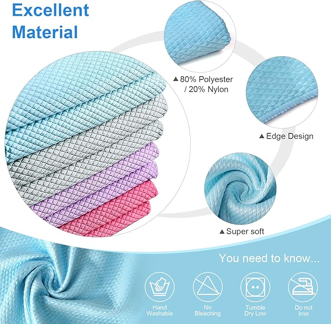 Niveaya Microfiber Glass Cleaning Cloth, Multi-Functional Reusable Lint Free Cloths, Stainless Steel Windshield Shower Window Cleaning Cloth, Suitable for Home, Kitchen and Auto, Pack 8,Mix