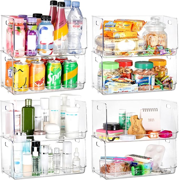 Nicunom 2 Pack Stackable Plastic Storage Bins Open Front, Clear Pantry Organizer Bin Household Food Storage Bin for Kitchen Countertops Cabinet Shelf Fridge