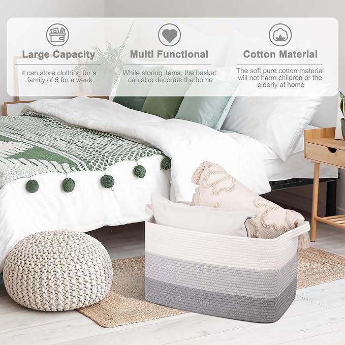 OIAHOMY Large Storage Basket, Cotton Rope Woven Blanket Basket, Toy Bin for Baby Room, Container for Blanket Storage in Living Room, 20''×16''×12'', Gradient Grey