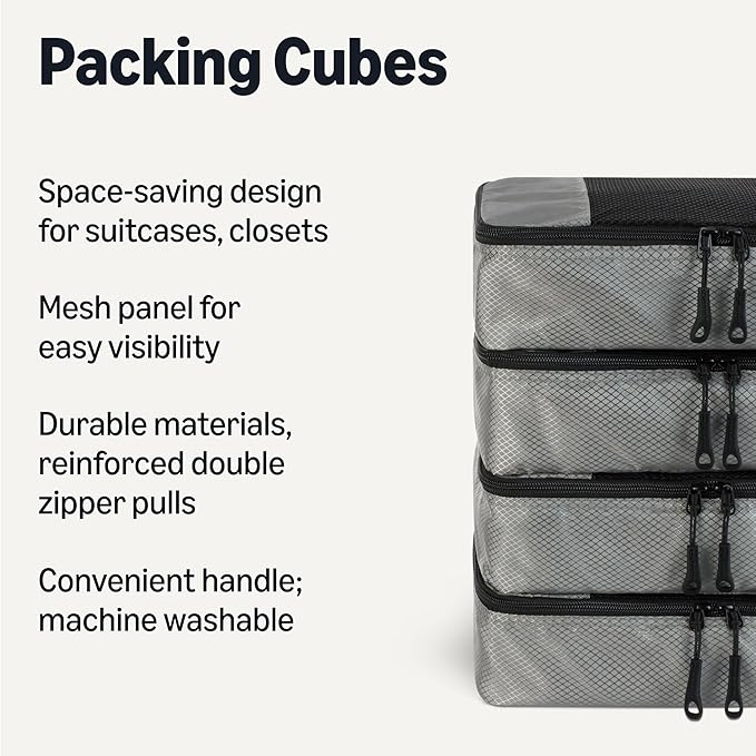 Amazon Essentials 4-Piece Packing Cubes Travel Accessories Set, Luggage Organizer with Double Zipper, Mesh Top, 100% Polyester, Small, Gray (Previously Amazon Basics)
