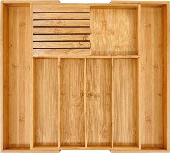VaeFae Bamboo Silverware Drawer Organizer Kitchen, Expandable Utensil Organizer with Knife Block, Cutlery Tray with Divider, Multifunctional Drawer Organizer