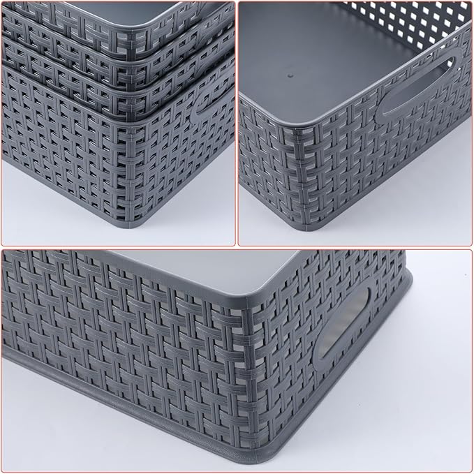 Pack of 4 Plastic Storage Basket, Grey Desktop File Paper Letter Organizer Tray,Plastic Baskets for Organizing（11.4"X9"X4.7"）
