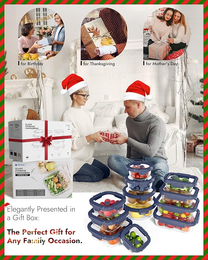 12-Pack Glass Containers with Tempered Lids – Borosilicate, Oven-Safe(-4°F~950°F), Airtight, BPA-Free, Multi-Size for Meal Prep, Dishwasher Safe (Blue)