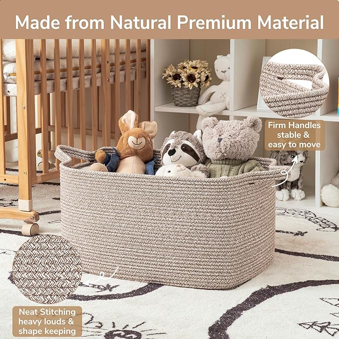 Goodpick Large Woven Storage Basket, 21.6" x 14.9" x 11.8" Blanket Basket for Living Room, Bedroom, Rectangle Rope Storage Organizer for Clothes, Toys, Brown