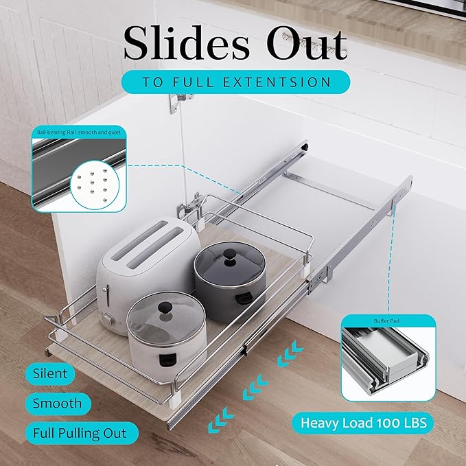 Pull Out Cabinet Organizer 11" W X 22" D, Slide Out Drawers For Kitchen Organizers and Storage, Pull Out Drawers For Cabinets Capacity Heavy Duty Caddy, Cabinet Shelves Wood Chrome, Pantry Storage