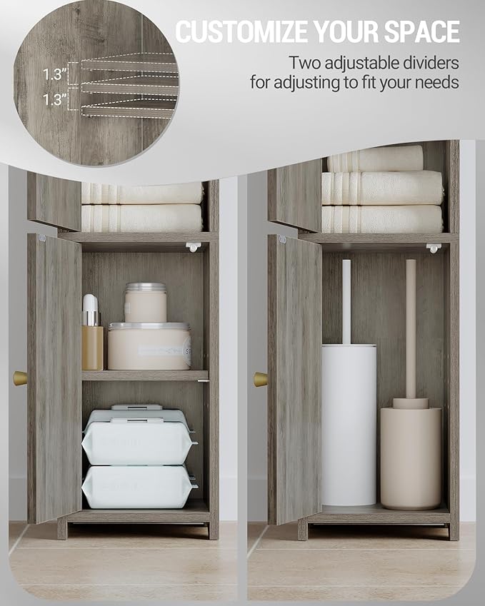 Bathroom Storage Cabinet, Small Corner Floor Cabinet with 2 Doors and Adjustable Shelf, Narrow Toilet Paper Cabinets, Bathroom Organizer for Small Spaces, 7.9" D x 7.9" W x 29.5" H Greige