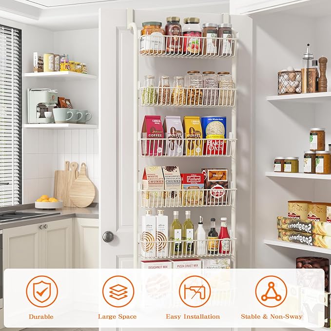 MIAOLI Over the Door Pantry Organizers and Storage, 6-Tier Spice Rack, Home & Kitchen Storage Shelves for Cabinet, Large Capacity Hanging Seasoning Organizer, Laundry Room Organization, White