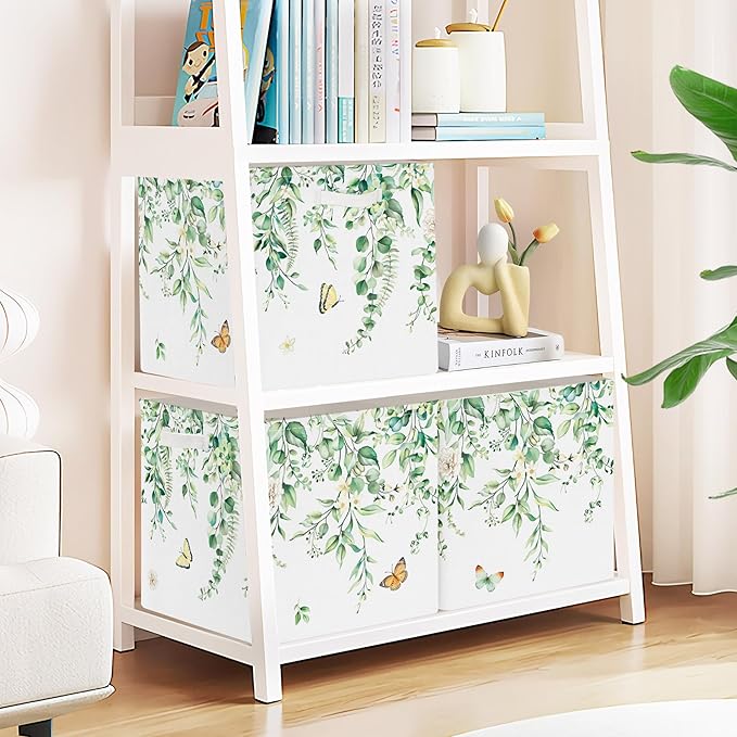 Clastyle 3 pcs Leaf Women Cube Storage Unit Bin with Metal Frame Foldable Kallax Box for Shelves Ladies Girls Closet Organizer Basket for Book Clothes Toy Organizer, Eucalyptus, 11.8x11.8x11.8 in