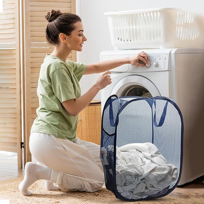 The upgraded pop-up laundry basket features a breathable side pocket mesh design, making it ideal for rooms, apartments, dormitories, travel, business trips, and children's storage (1, Dark blue)