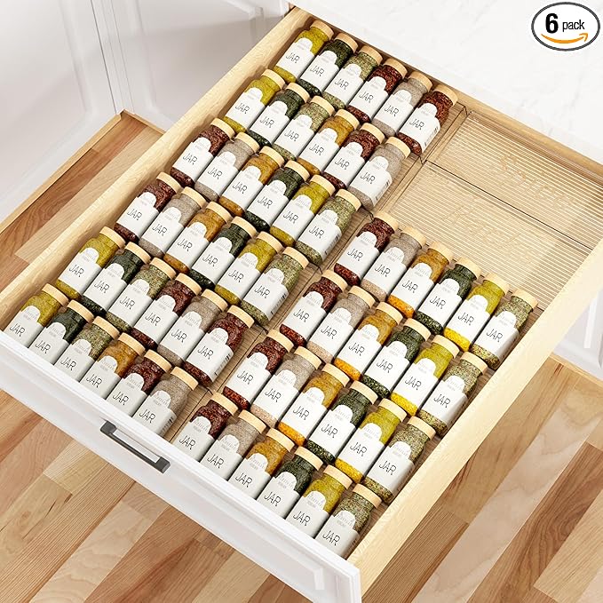 6 Pack Spice Drawer Organizer, 6 Tier Drawer Clear Seasoning Organizer, Extended From 11" to 22", Spice Rack Organizer for Drawer and Kithchen (Jars Not Included)