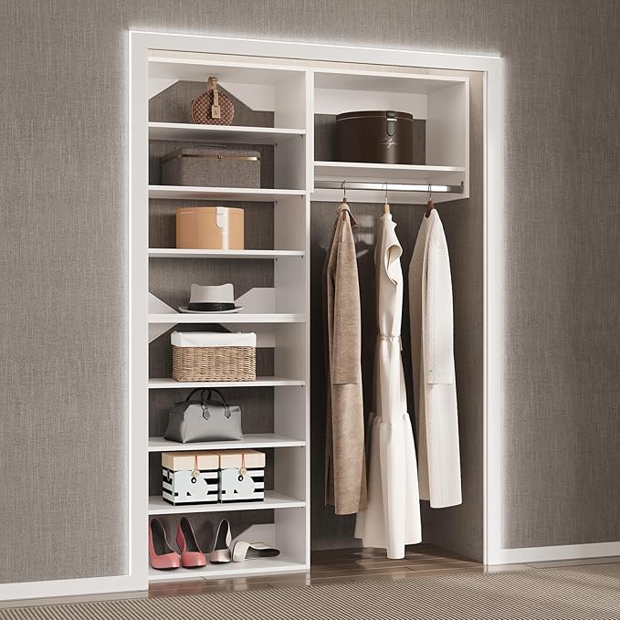 Modular Closet System, 46" Wide Organizer With Towers and Hanging, Wood Tower Storage for Walk In Closets, Wall Mounted Wardrobe Kit, Bedroom, White