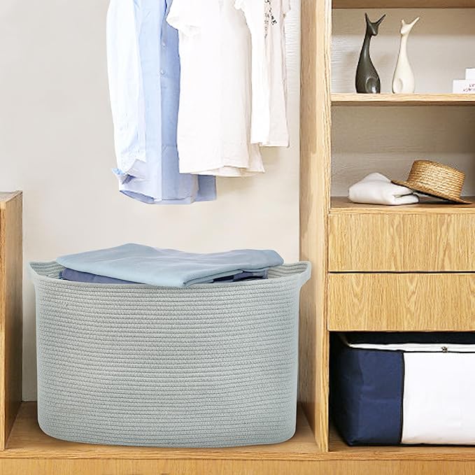 Extra Large Rectangle Storage Basket, 23.6" x 17" x 12" Gray Blanket Storage for Living Room, Large Soft Woven Cotton Rope Bin for Organizing, Kids Dog Wicker Toy Box Organizer