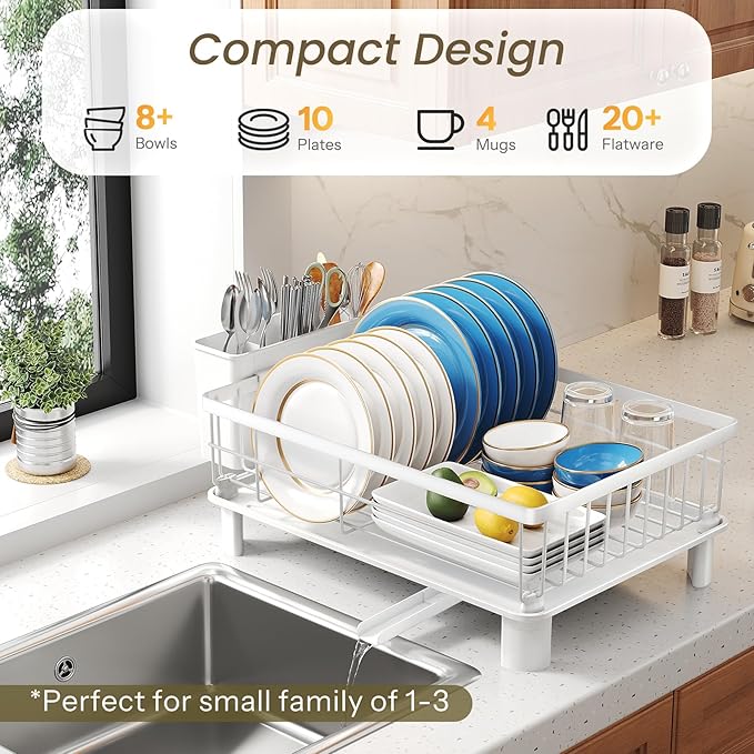 SNTD Dish Drying Rack - Small Dish Rack for Kitchen Counter, Stainless Steel Dish Drainer with Utensil Holder and Drainboard, 11" W x 15" L (White)