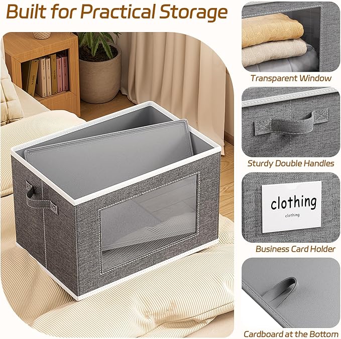 4-Pack Storage Bins with Lids, Fabric Collapsible Closet Storage Bins with Clear Window Large Storage Boxes with Handles Closet Organizers for Shelves, Wardrobe, Grey, 15"×9.8"×9.8"