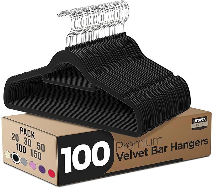 Utopia Home Velvet Hangers 100 Pack – Premium Non-Slip Slim Clothes & Coat Hangers with Tie Bar, Space-Saving Heavy Duty Design, 360° Swivel Hook – Black