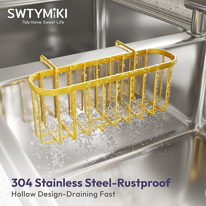 SWTYMIKI Sponge Holder for Kitchen Sink, Kitchen Sink Caddy Rustproof Sponge Caddy for Hanging 1.5” Middle Divider Double Bowl Sinks, No Suction Cups, Gold
