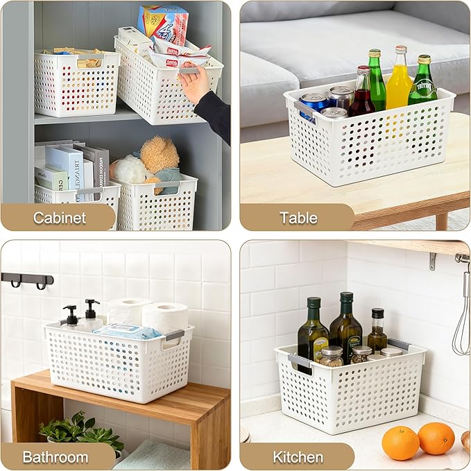 Soddeph 4 Pack Plastic Deep Storage Basket with Handles, Cubbies Organizer Bins with Hollow Design for Under Counter, Closet, Kitchen or Bathroom 12.3" × 8.7" × 6.9"(White, Medium)