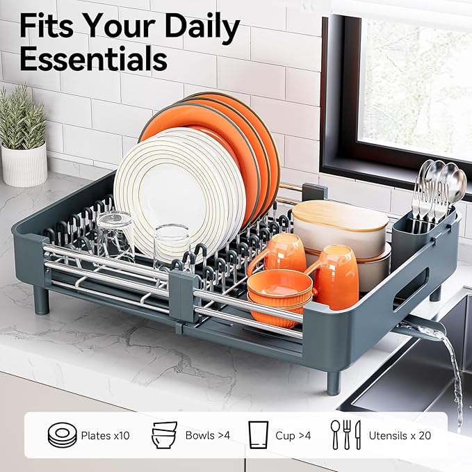Stainless Steel Dish Drying Rack - Dish Drainer for Kitchen Counter, Extendable Drainboard with Foldable, Space-Saving Cup & Bowl Organizer, Includes Knife and Utensil Holder, Matte-Green