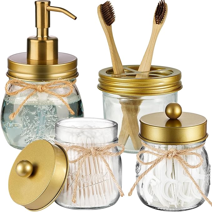 Amolliar Mason Jar Bathroom Accessories Set 4 Pcs -Lotion Soap Dispenser & 2 Qtip Holders & Toothbrush Holder - Rustic Farmhouse Decor, Bathroom Home Decor (Gold)