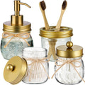 Amolliar Mason Jar Bathroom Accessories Set 4 Pcs -Lotion Soap Dispenser & 2 Qtip Holders & Toothbrush Holder - Rustic Farmhouse Decor, Bathroom Home Decor (Gold)