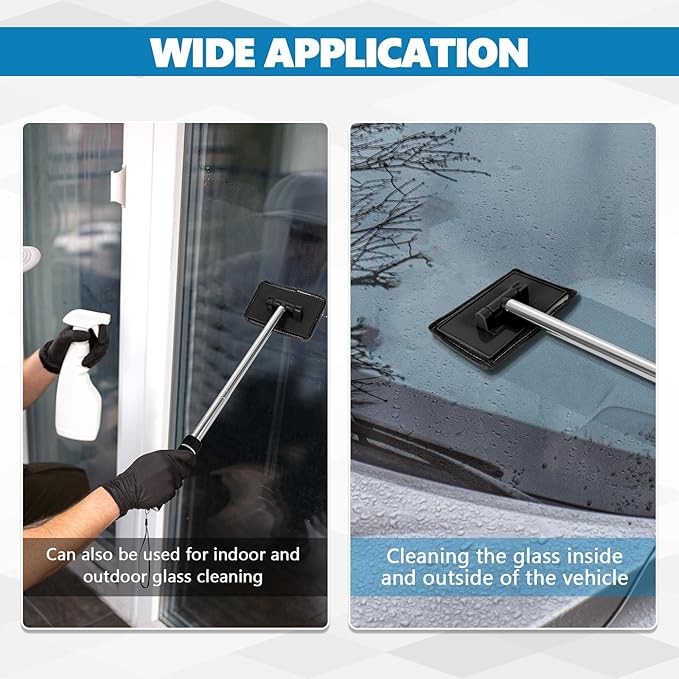 Car Windshield Cleaning Tool, Car Windshield Window Cleaner, Auto Glass Wiper Tool with Extendable Handle & Reusable Microfiber Pad, Universal Vehicle Cleaning Car Accessories (Black)