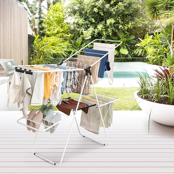 Tangkula Foldable Clothes Drying Rack, 2-Level Folding Drying Rack for Indoor Outdoor Use, Drying Rack Clothing w/Height-Adjustable Gullwing, 33 Drying Rails, Sock Clips