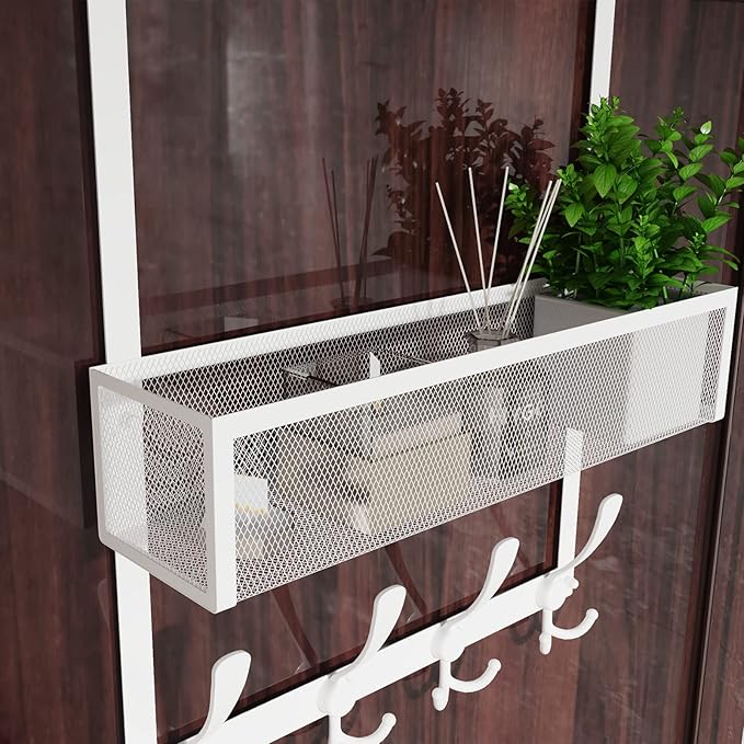Kaiferty Over The Door Hooks Organizer,Over Door Hanger Towel Rack Mesh Basket with 12 Hooks,Back of Door Storage Organizer for Bedroom,Bathroom,Kitchen,Office(White)