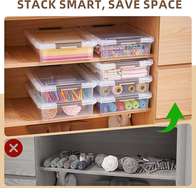 Citylife 6 PCS Clear Plastic Container Clip Box with Latching Lids, Stackable Document Paper Protectors Organizer Container for Office, Home, and School Supplies
