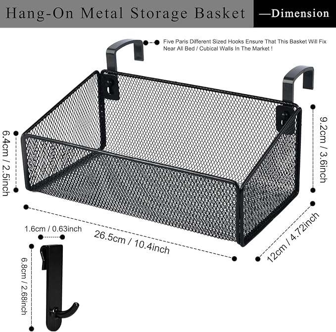 Bedside Caddy Shelf Hanging Storage Basket for Bunk Bed, Office Cubical Walls, Baby Rails, College Dorm Organizer - 5 Pairs Sized Hooks for Phone, Glass, Magazine, Decor (Black)