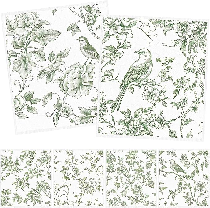 Swedish Dishcloths for Kitchen, 6PCS Sage Green Floral Birds Cellulose Sponge Reusable Paper Towels Washable, Greenery Absorbent Fast Drying Swedish Dish Cloth for Home Cleaning