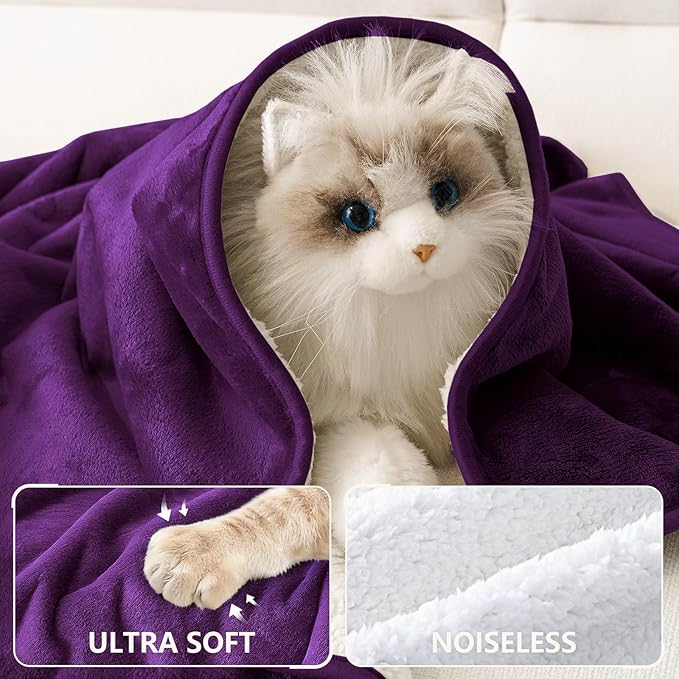 Smiry Waterproof Dog Bed Blanket, Leakproof Pet Throw Blanket for Bed Couch Sofa, Reversible Sherpa Fleece Furniture Protector Cover for Small Medium Large Dogs Cats (Purple, 60x80 inches)