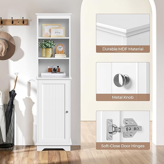 Yaheetech Tall Slim Storage Cabinet with 3 Shelves & Door, Freestanding Linen Cabinet for Bathroom, Living Room, Entryway, 16 x 12 x 60.5 Inches, White