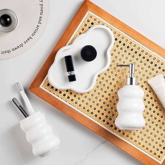 3-Piece White Ceramic Bathroom Accessories Set with Tray, Lotion Dispenser, and Tumbler for a Luxurious Bath Experience