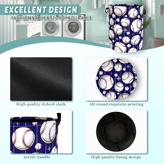 Baseball Pattern Laundry Basket Baseball Laundry Hamper Foldable Oxford Cloth Sports Funny Tote Bag Clothes Toy Storage Bucket For Bathroom/Laundry Storage/Bedroom 18.9 x 16.5 Inch