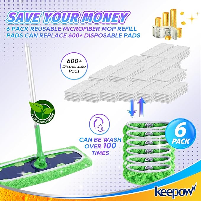 KEEPOW Reusable Mop Refill Pads Replacement Compatible with Swiffer Wet Pads Refill XL Size, XL Mop, Dry Sweeping Cloths for Hardwood Floor Cleaning, 6 Pack