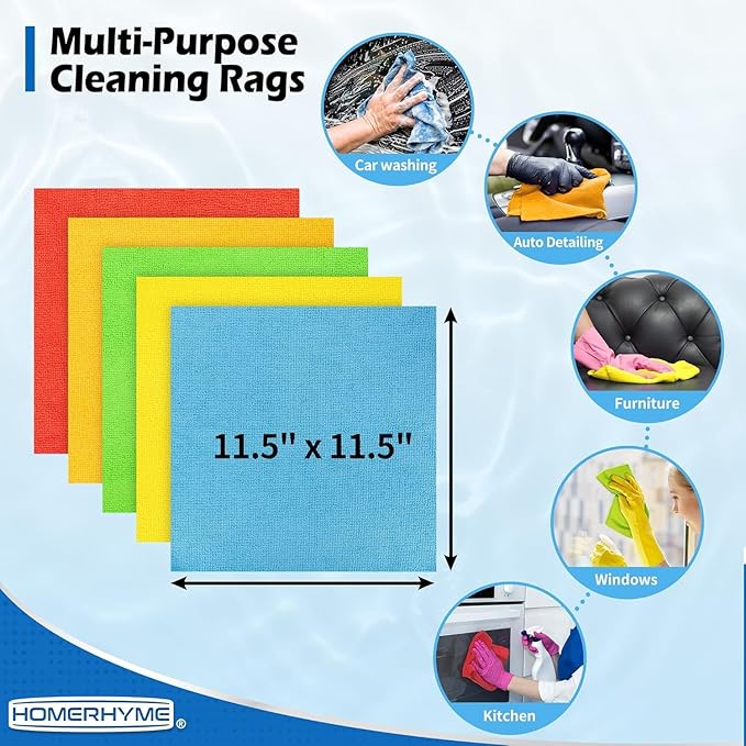 HOMERHYME Microfiber Cleaning Cloth, 150 Pack Cleaning Rags Microfiber Towel Bulk Absorbent Lint-Free Wash Cloths, All-Purpose Towels for Cars, Shop, Automotive, Garage, Home and Kitchen 11.5"*11.5"