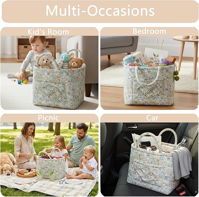 Quilted Fabric Storage Basket with Handles & Pocket, Foldable Laundry Hamper Boho Floral Print Organizer Bin for Home, Picnic, Office 12"x10"x10" (A-3)