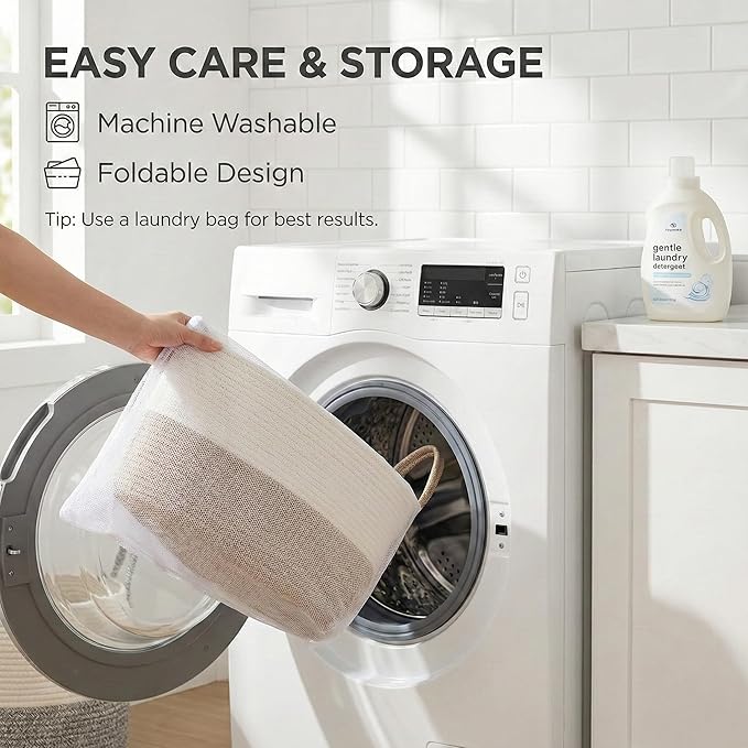 65L Extra Large Blanket Basket for Living Room - Woven Cotton Rope Laundry Hamper with Reinforced Handles - Storage Bin for Pillows, Comforters & Toys - Machine Washable,White&Brown
