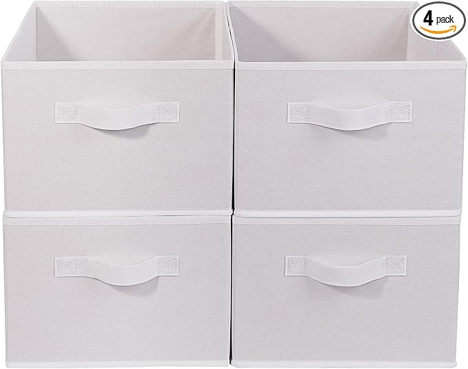 JAKAGO Fabric Storage Bins set of 4 Rectangle Storage Baskets with Handle Foldable Closet Organizer for Clothes Towel bedding Books Collapsible Clothing Container for Shelves Bedroom(White High)