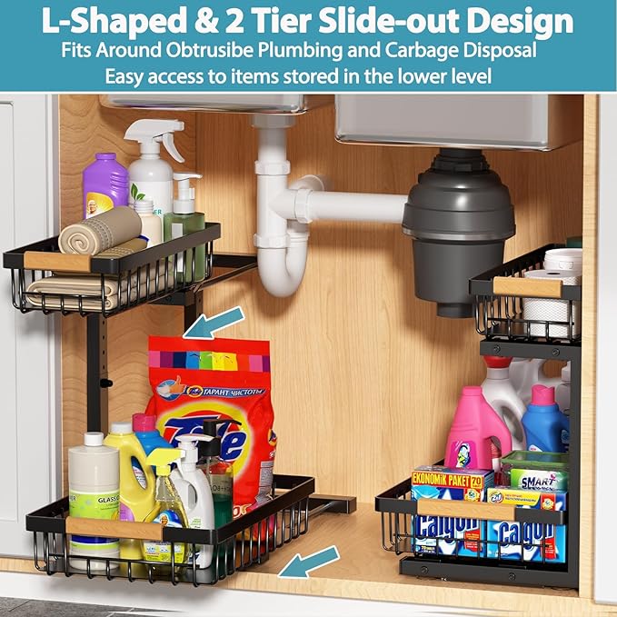 Under Sink Organizer 2 Pack, 2 Tier Slide Out Large Capacity Height Adjustable Under Sink Organizers and Storage for Kitchen Bathroom Cabinet, Black