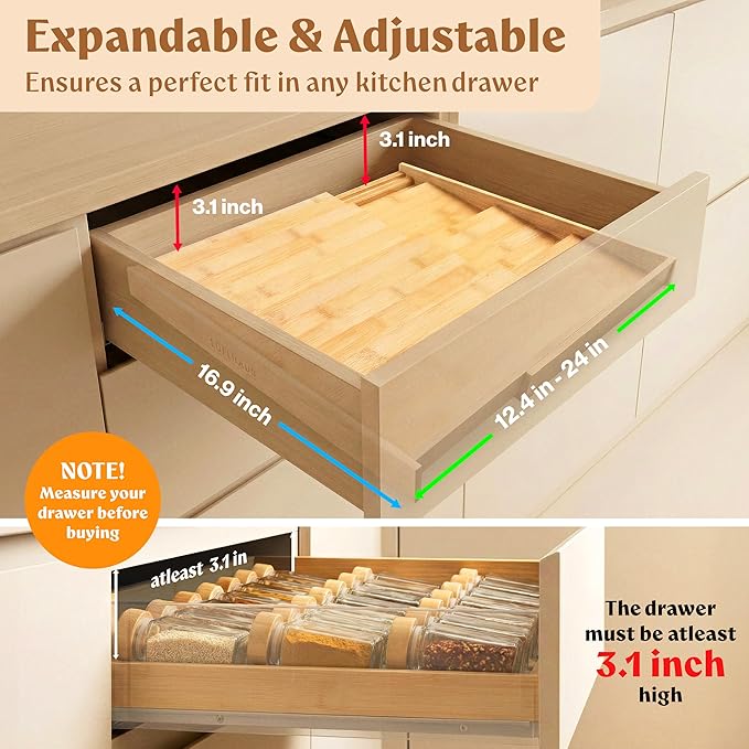Bamboo Spice Drawer Organizer - Expandable 4 Tier Spice Rack (Need 3" Deep Drawer) 12" to 24" Wide, Seasoning Organizer, Organization Seasoning Rack insert (Jars Not Included)