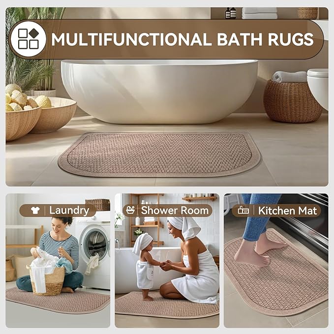 YDKGL Bathroom Rugs Mat 24x35, Non Slip Ultra Thin Bath Mat Quick Dry Absorbent Washable Half Round Bath Mats for Bathroom Floor Rubber Backed Fit Under Door, Brown