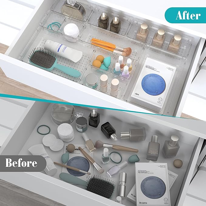 28 PCS Clear Plastic Drawer Organizers Set, 4 Size Desk Drawer Organizer Trays for Makeup, Jewelry, Kitchen Utensils, Gadgets and Office Accessories