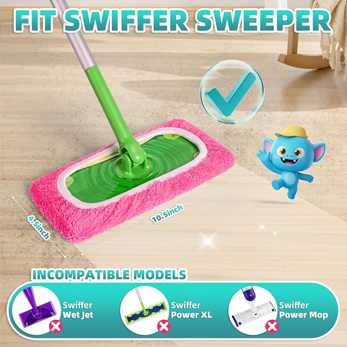 6 Pack Reusable Mop Pads Compatible with Swiffer Sweeper Mop, Washable Wet Pads Refill, Dry Sweeping Cloths, Microfiber Pads for Mopping Floors (Green, Pink)