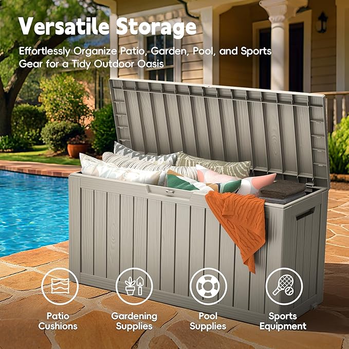 Outdoor Storage Box, 75 Gallon Waterproof Resin Deck Box, Storage Bin for Package Delivery, Patio Furniture Cushion, Garden Tools, Pool Accessories, Weatherproof and UV Resistant, Grey